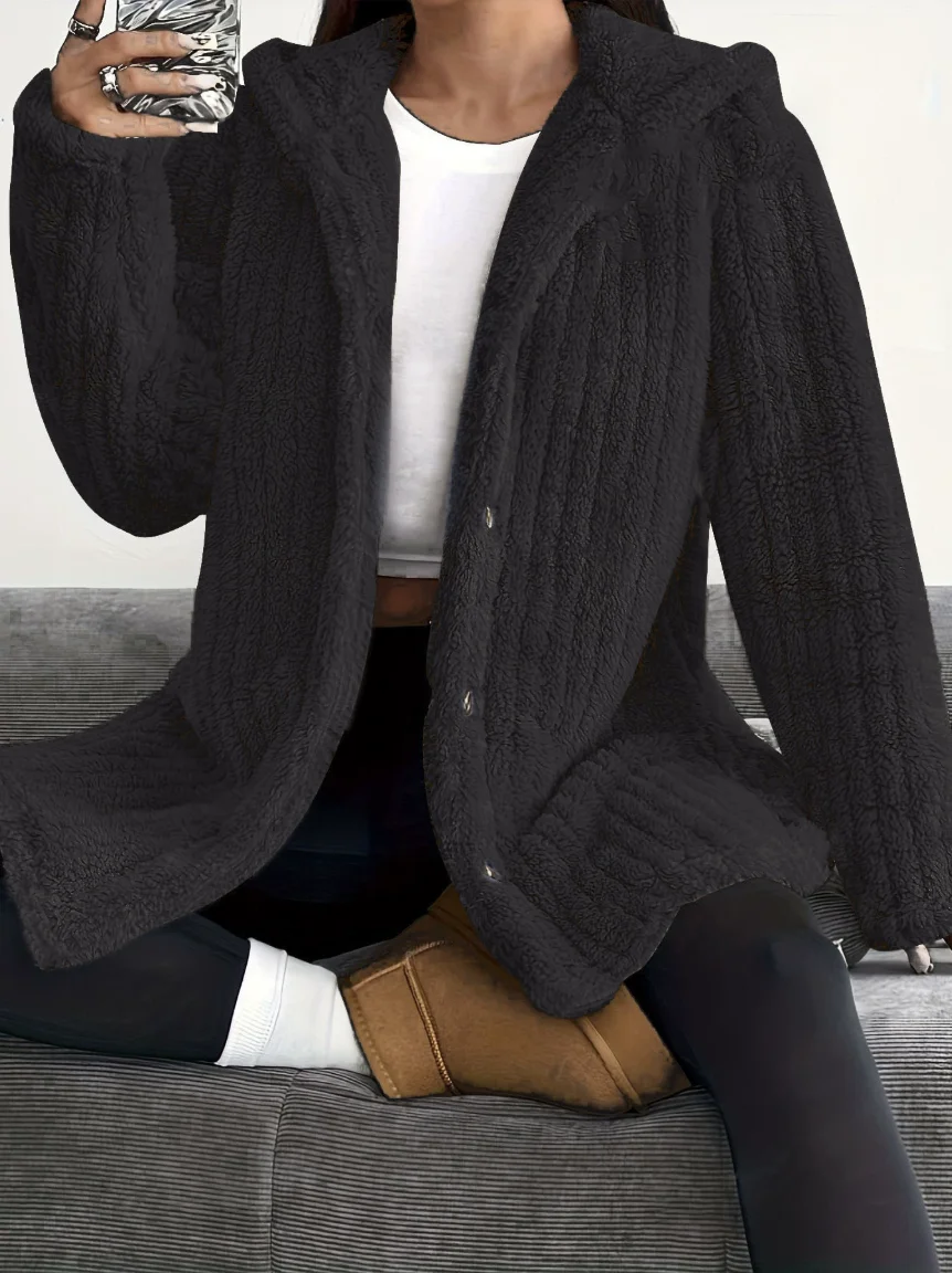 Women Spring/Fall Outerwear Casual Plain Long Sleeve Teddy Fleece Hoodie Jacket