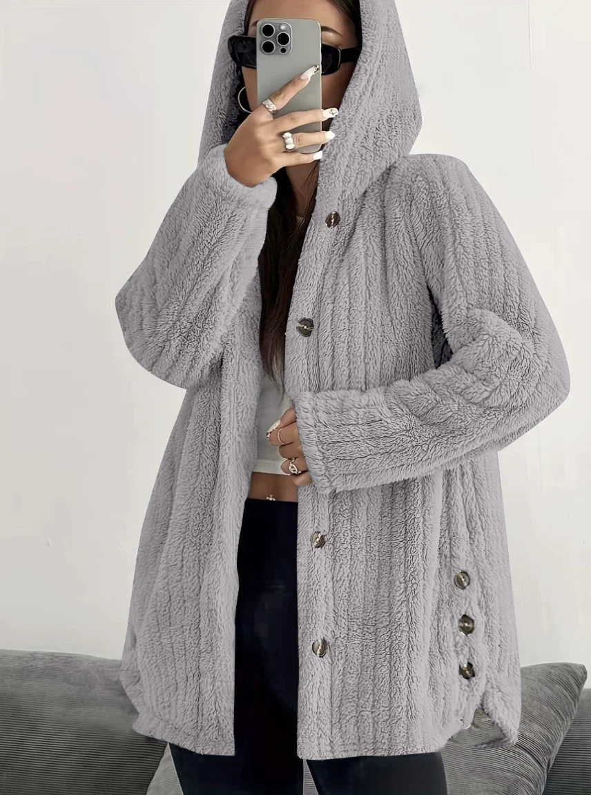 Women Spring/Fall Outerwear Casual Plain Long Sleeve Teddy Fleece Hoodie Jacket