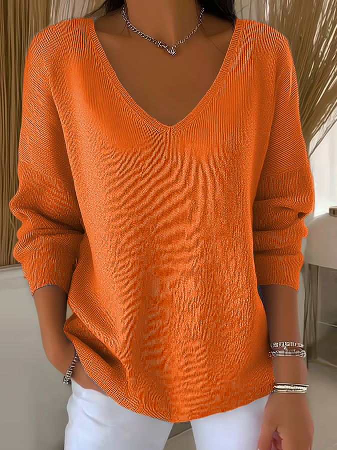 Casual Plain V Neck Long Sleeve T-shirt