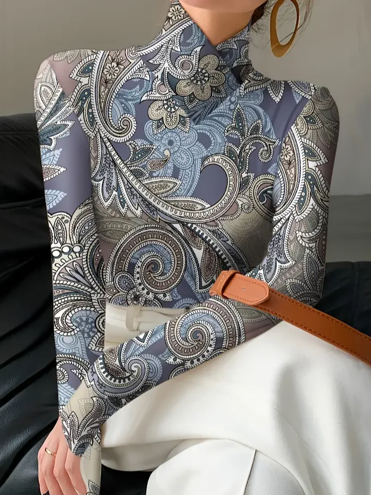 Long Sleeve Paisley Printing Regular Micro-Elasticity Regular Fit Blouse For Women