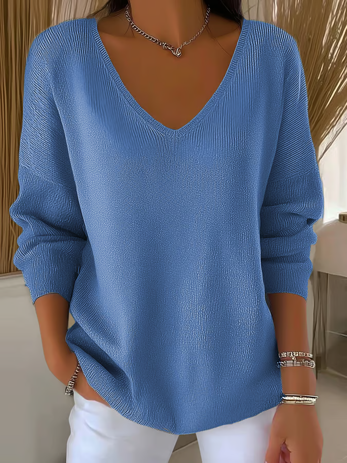 Casual Plain V Neck Long Sleeve T-shirt