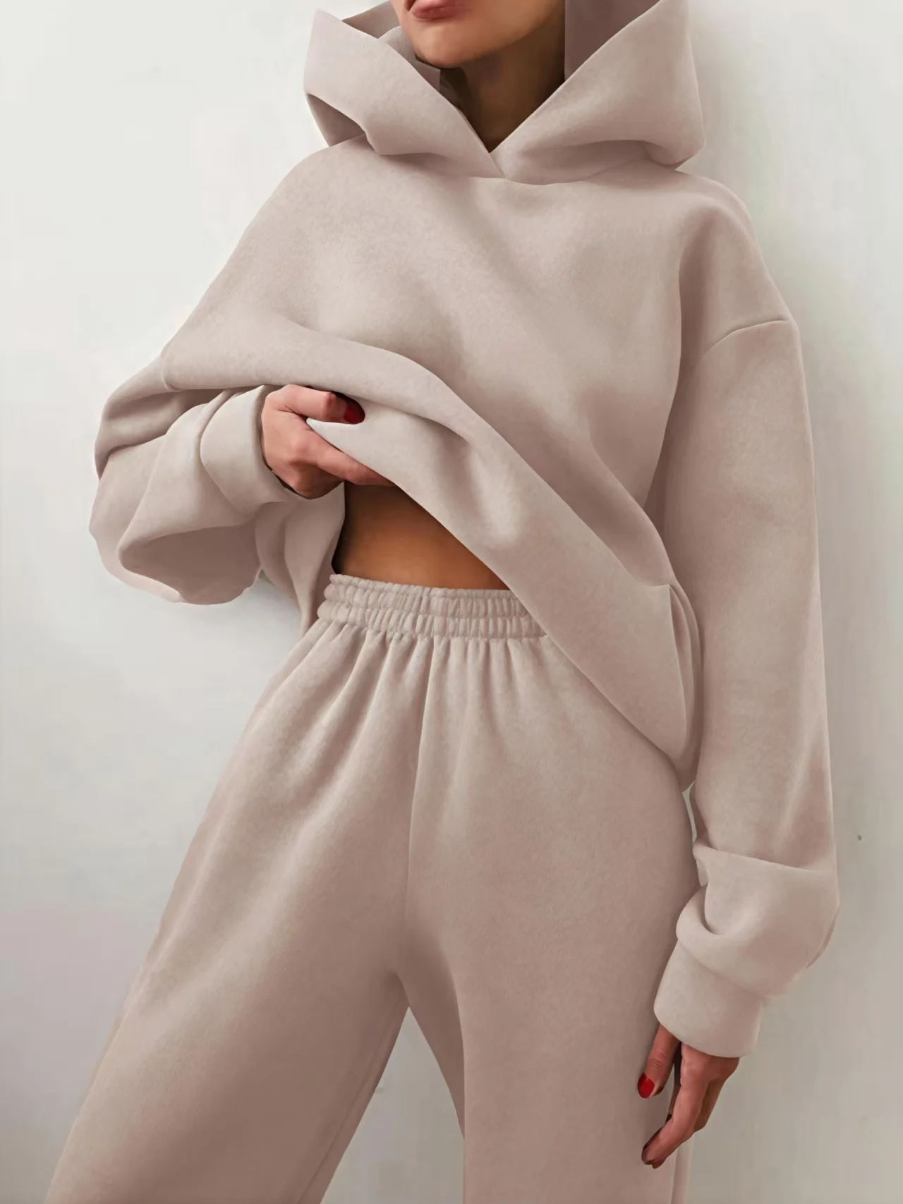 Women Plain Split Joint Two-Piece Set Daily Long Sleeve Casual Spring/Fall Top With Pants Matching Set