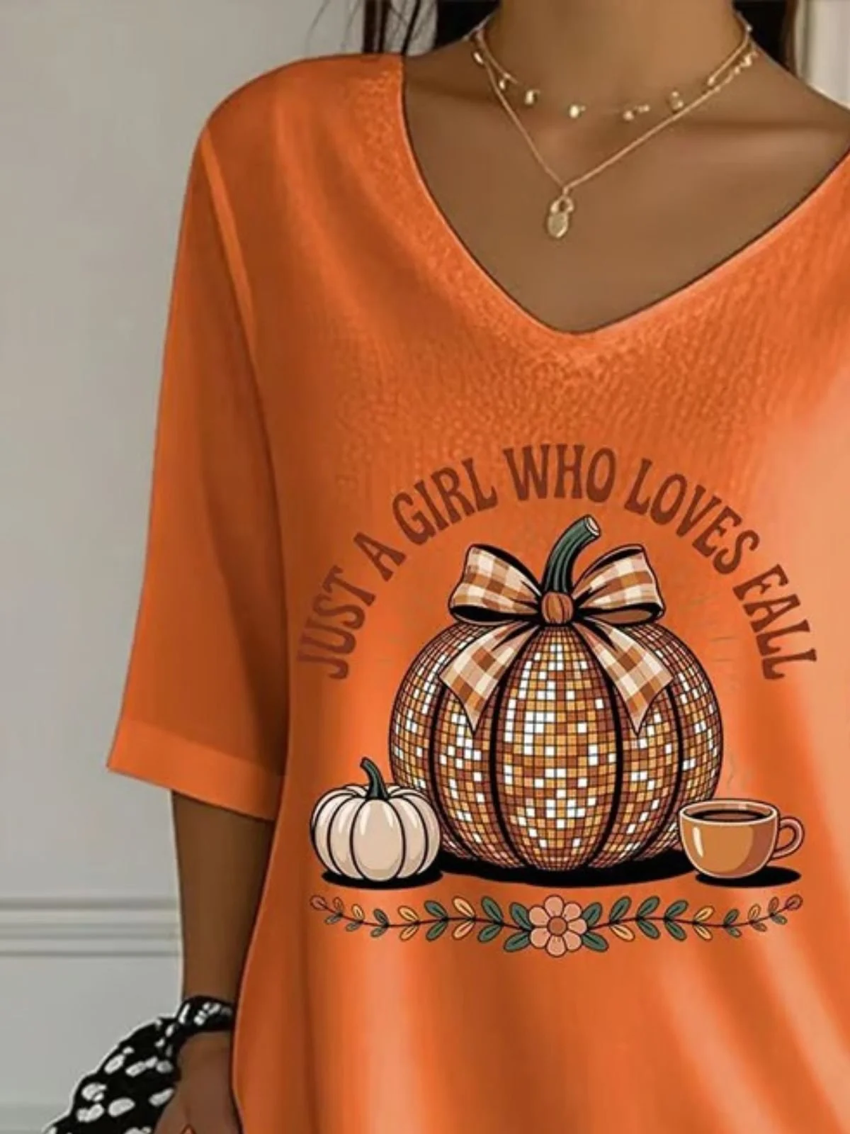 Vintage Pumpkin Pattern Crew Neck Three Quarter Sleeve T-shirt
