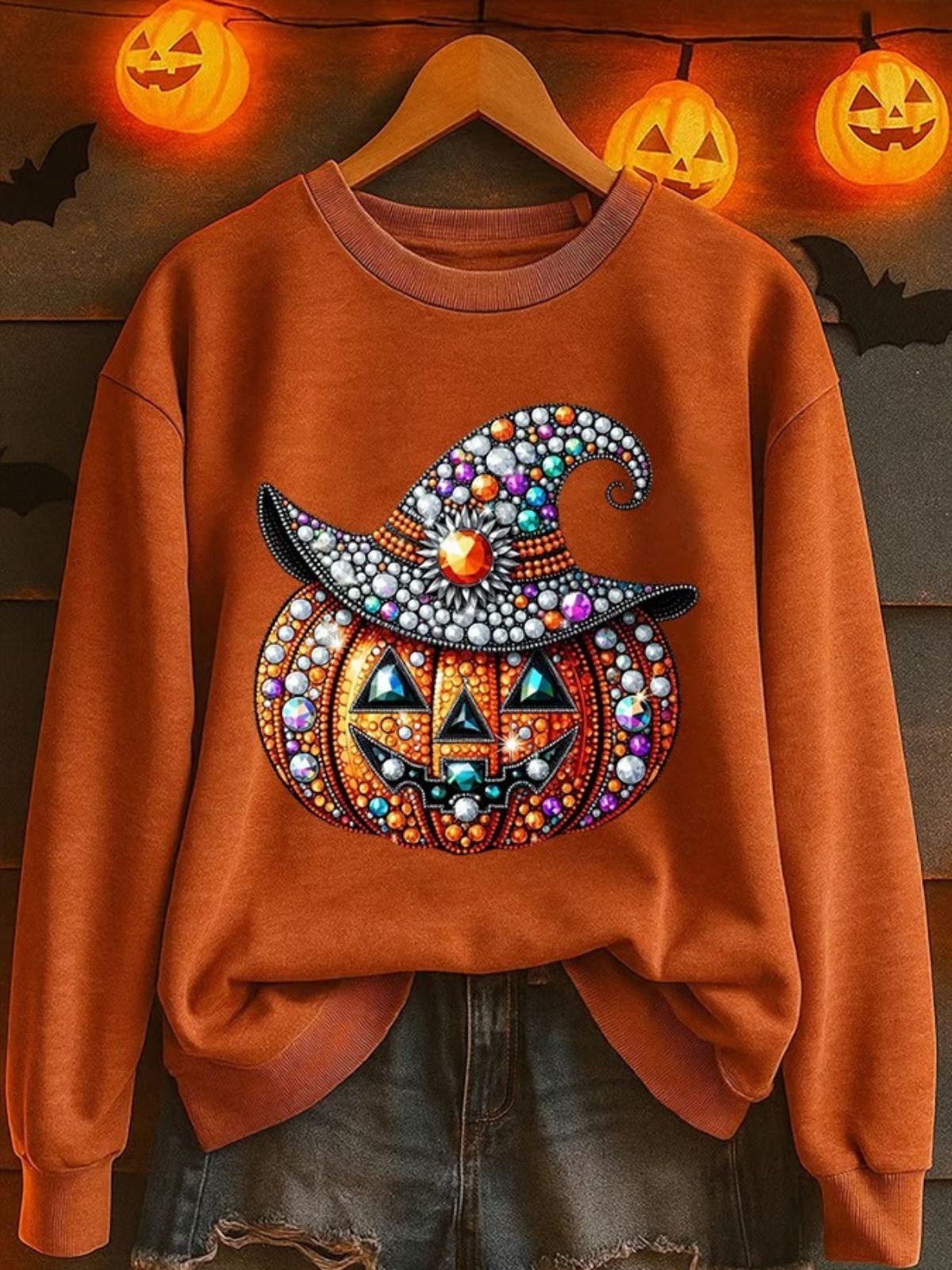 Vintage Crew Neck Halloween 3D Pumpkin Print Sweatshirt