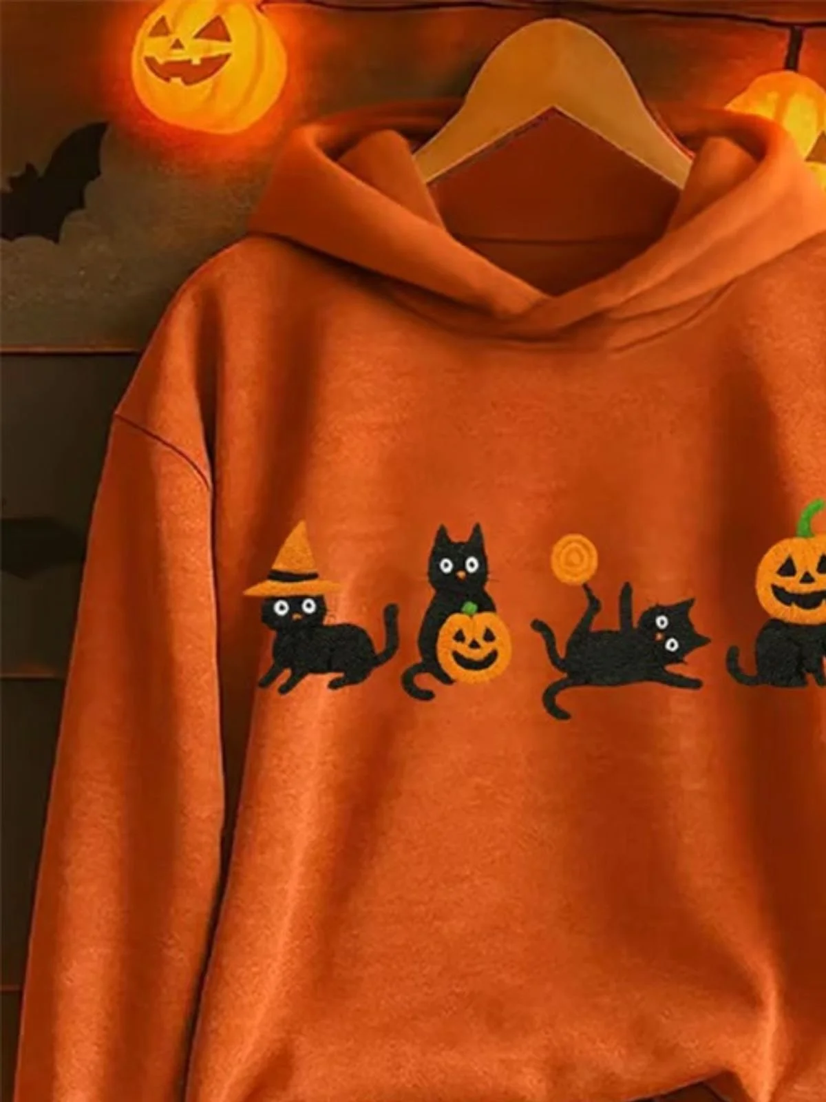 Vintage Hooded Halloween Cute Cat Art Print Hoodie