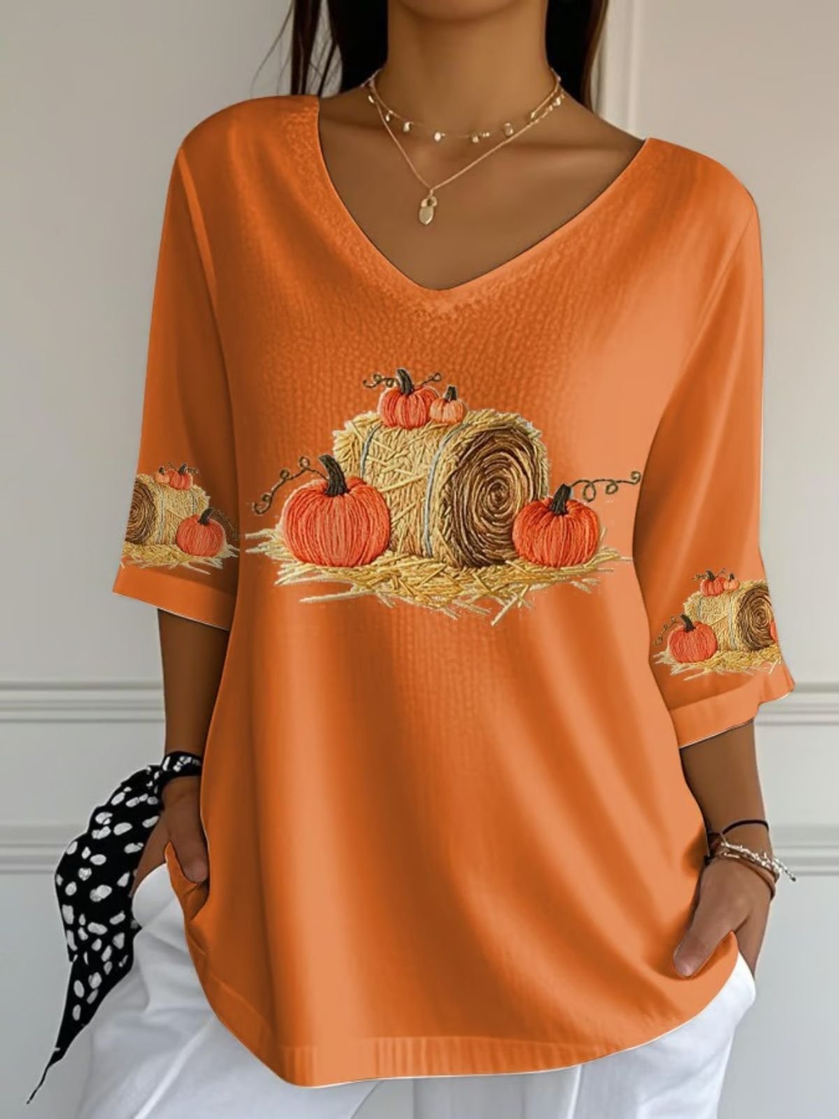 Vintage Halloween Pumpkin Print Crew Neck Three Quarter Sleeve T-shirt