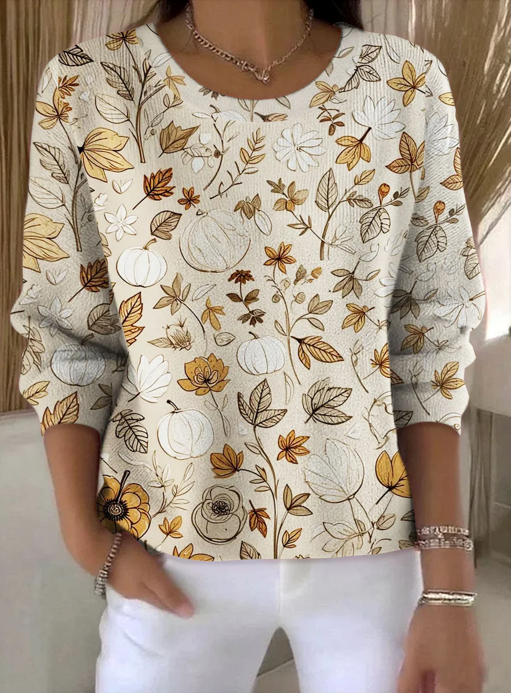 Women Cotton Floral Long Sleeve Comfy Vintage Sweater
