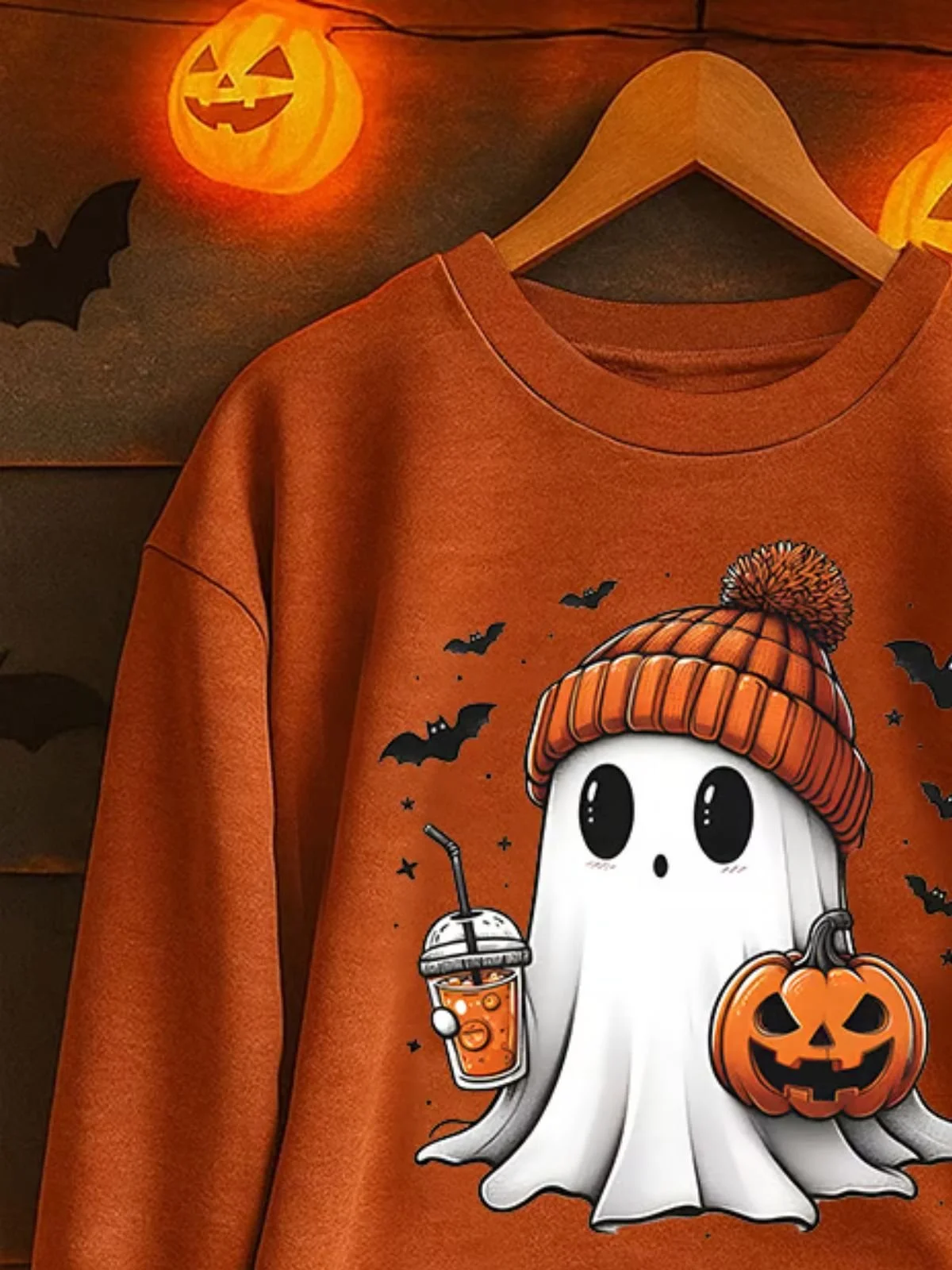 Vintage Crew Neck Halloween Cute Ghost Print Sweatshirt