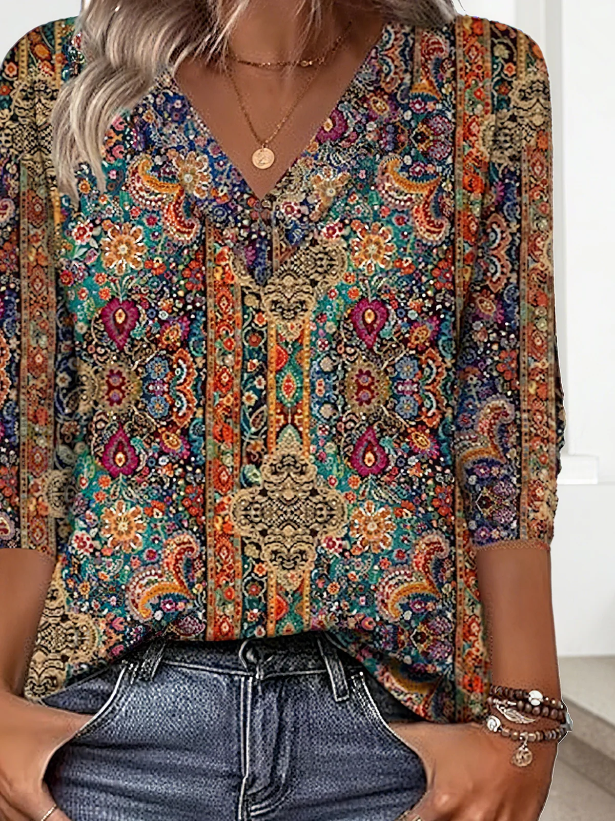 Casual Nationality/ethnic V Neck Long Sleeve T-shirt