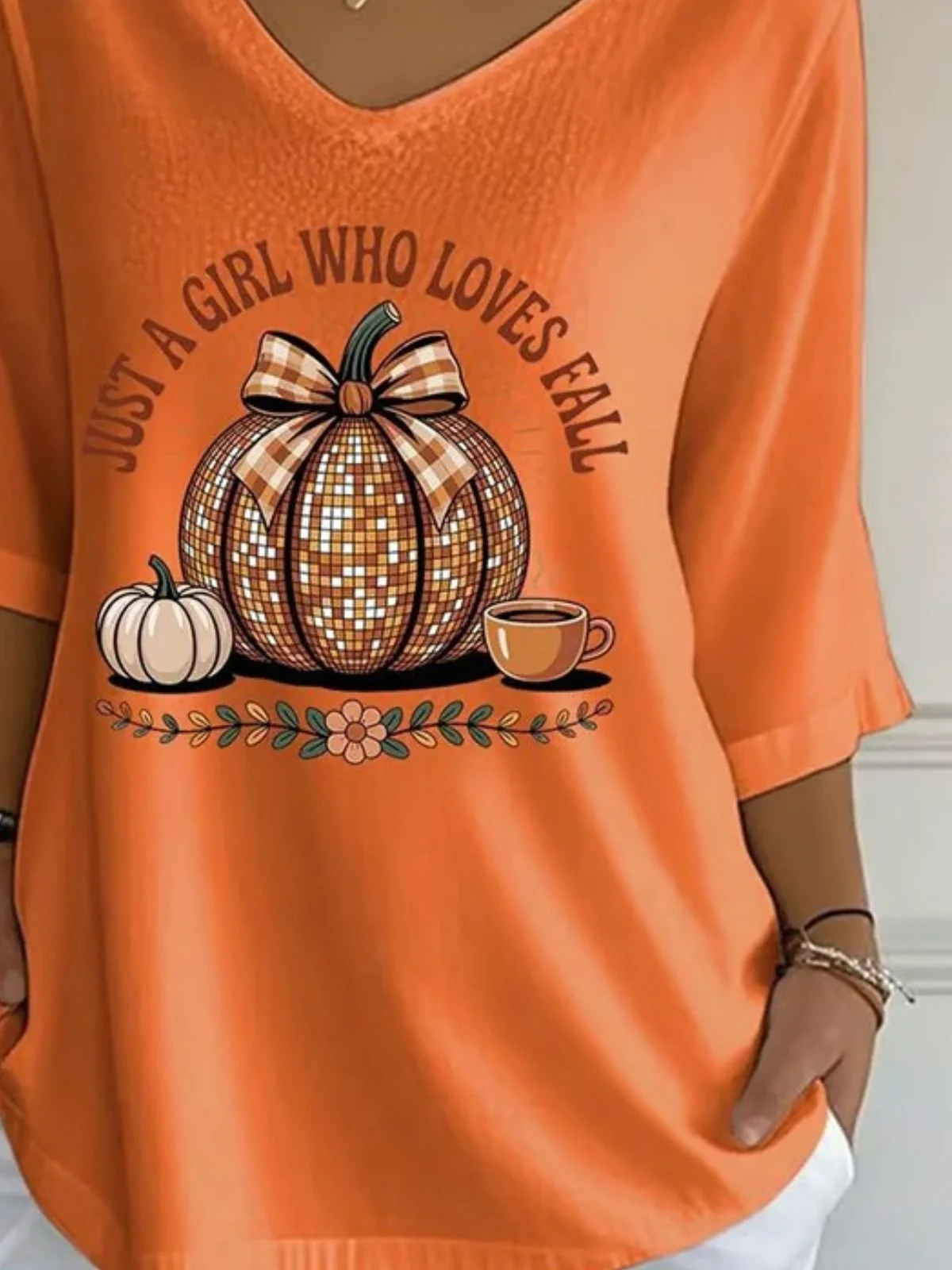 Vintage Pumpkin Pattern Crew Neck Three Quarter Sleeve T-shirt