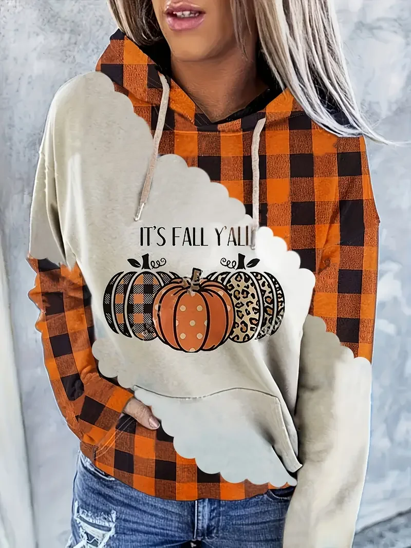 Casual Hoodie Plaid Pumpkin Printing Comfy Loose Hoodie 