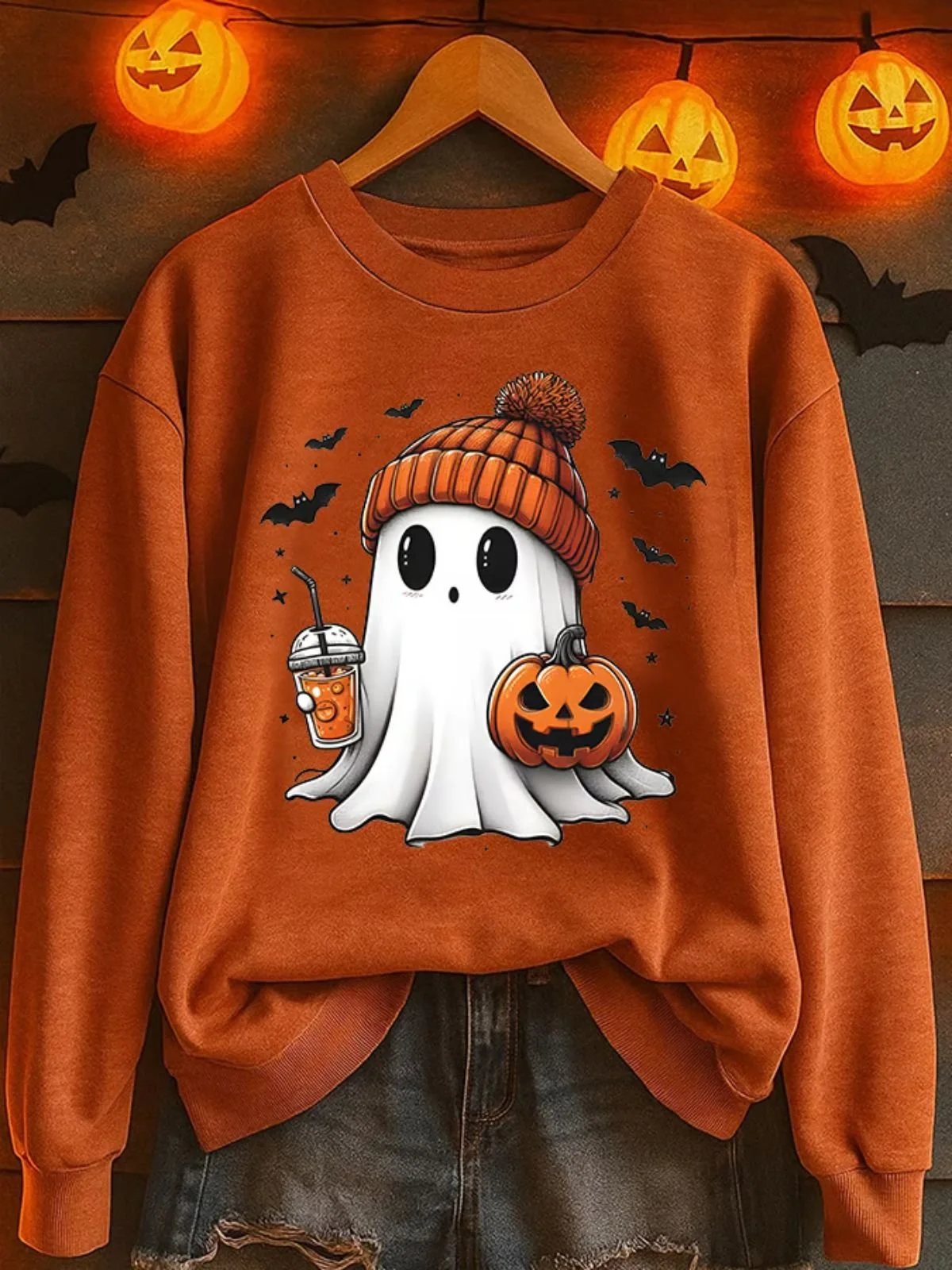 Vintage Crew Neck Halloween Cute Ghost Print Sweatshirt