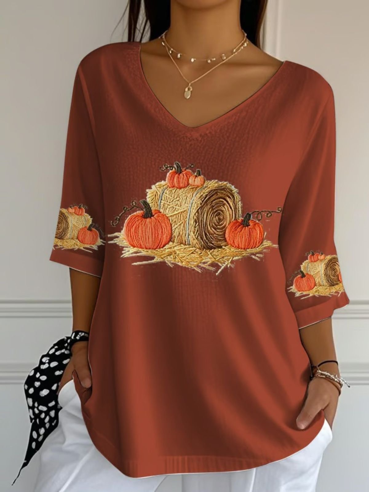Vintage Halloween Pumpkin Print Crew Neck Three Quarter Sleeve T-shirt