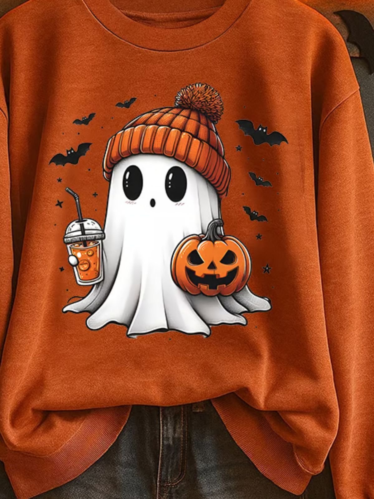 Vintage Crew Neck Halloween Cute Ghost Print Sweatshirt