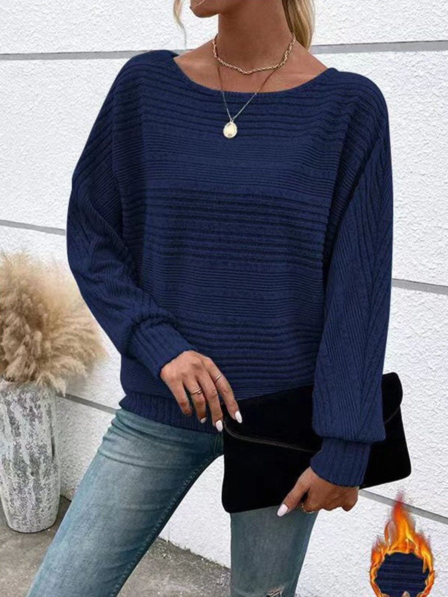 Crew Neck Long Sleeve Plain Regular Micro-Elasticity Loose Blouse For Women