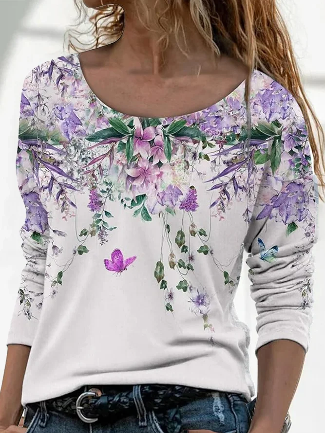 Casual Floral Crew Neck Long Sleeve T-shirt