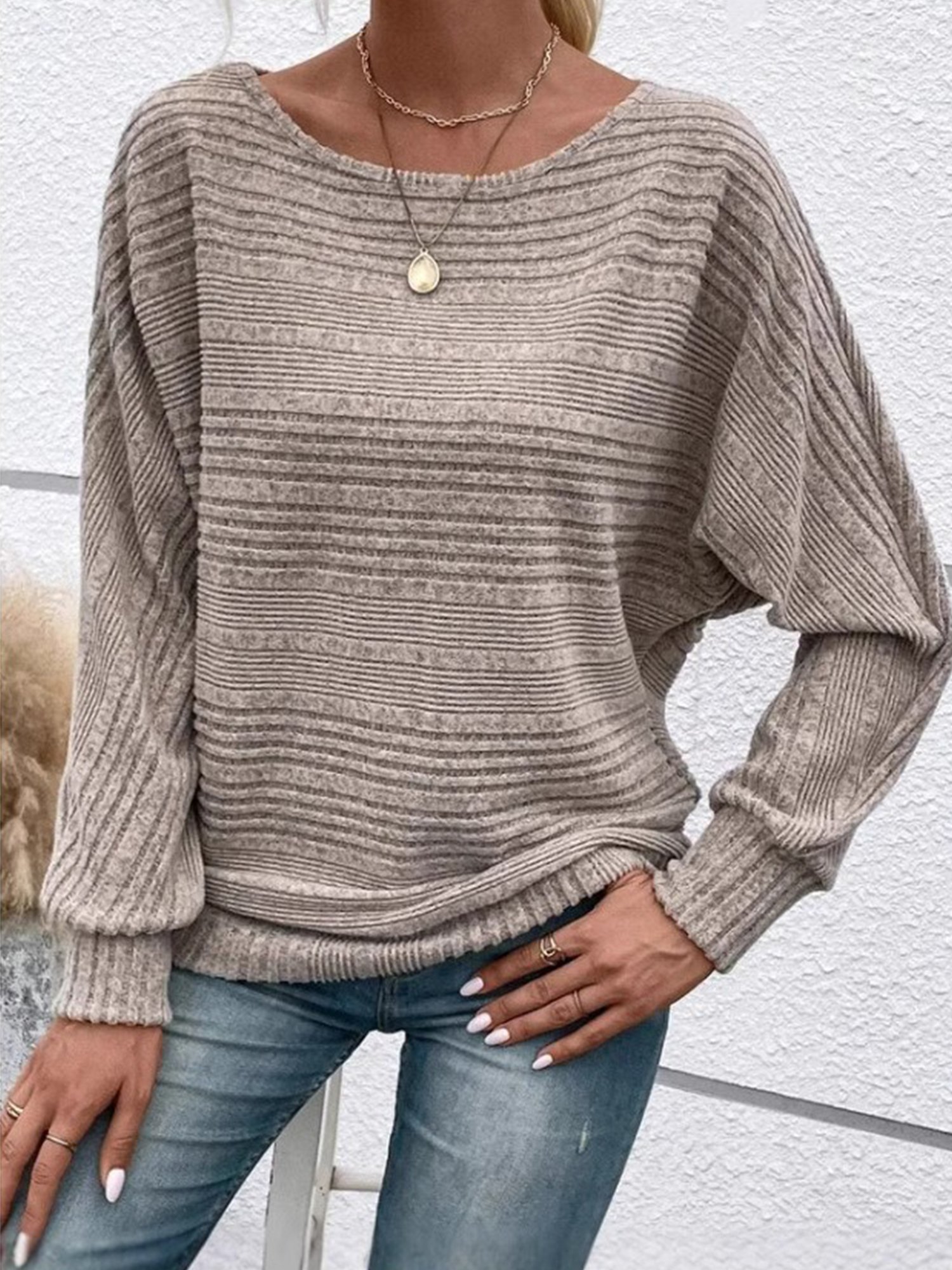 Crew Neck Long Sleeve Plain Regular Micro-Elasticity Loose Blouse For Women