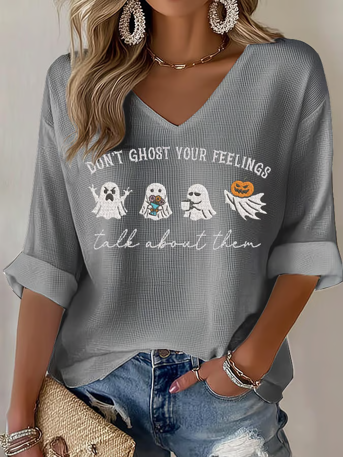 Casual Text Letters V Neck Three Quarter Sleeve T-shirt