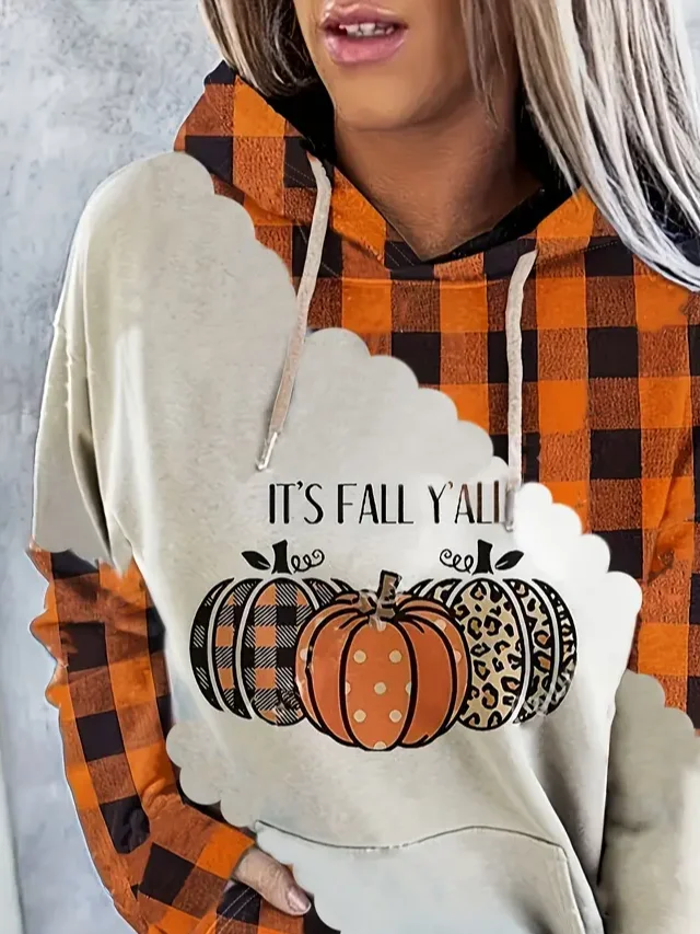 Casual Hoodie Plaid Pumpkin Printing Comfy Loose Hoodie 