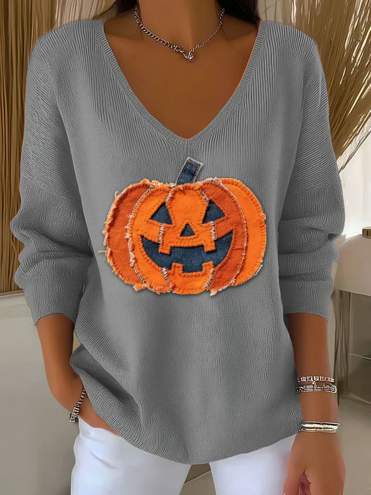 Women Cotton Halloween Pumpkin Print Long Sleeve Comfy Casual Sweater