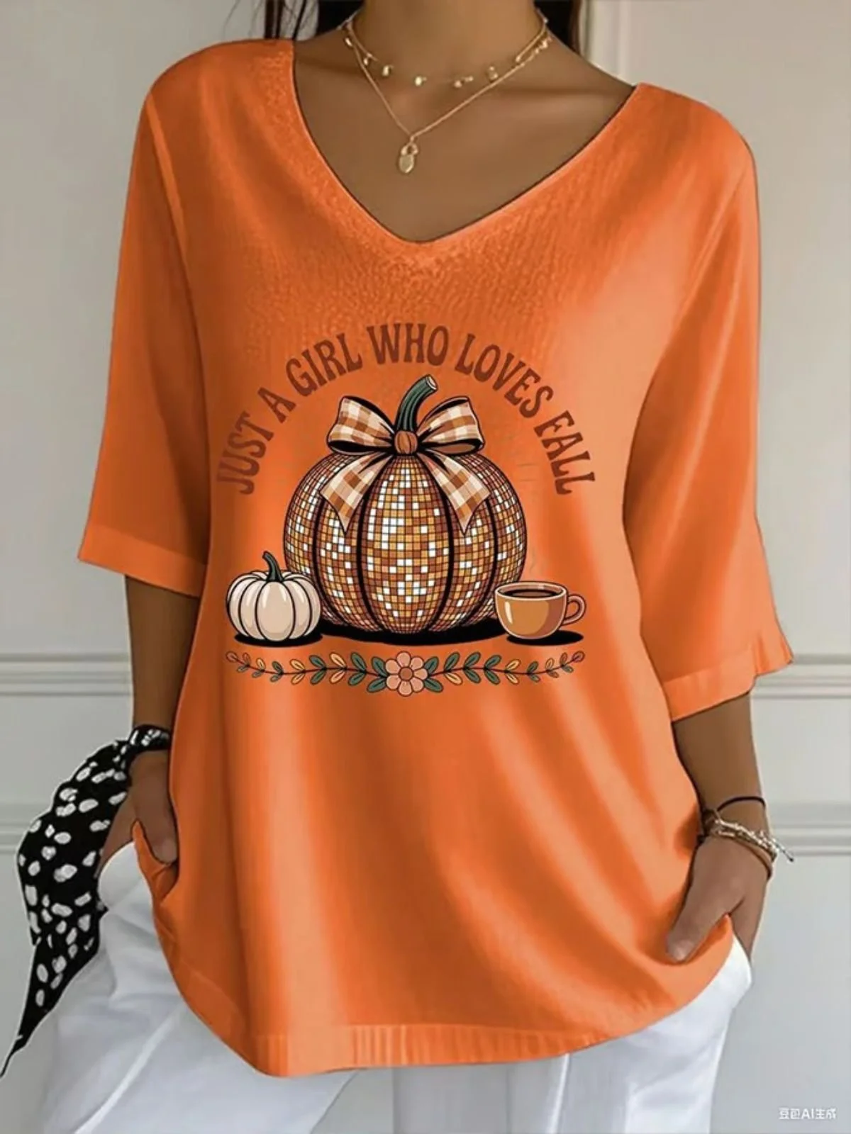 Vintage Pumpkin Pattern Crew Neck Three Quarter Sleeve T-shirt
