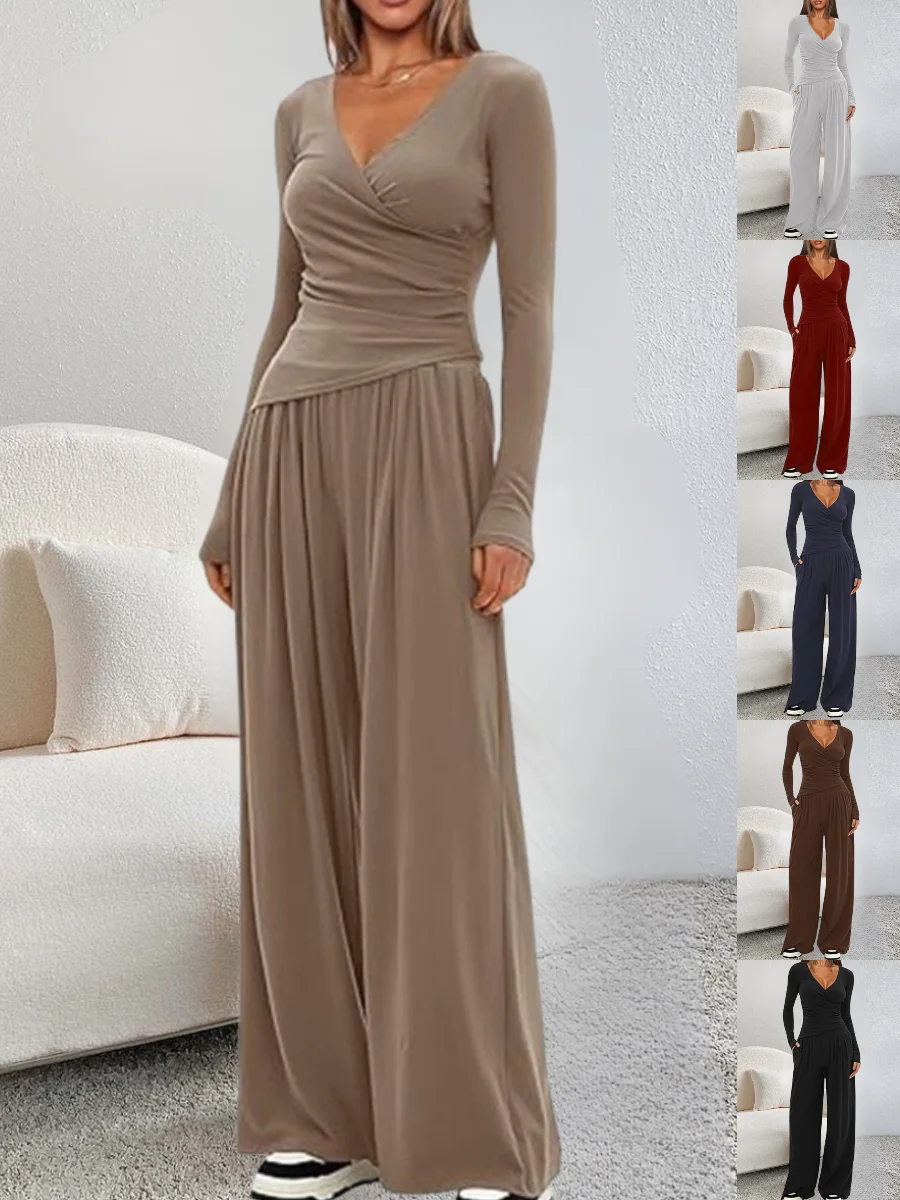 Women Plain Split Joint Two-Piece Set Daily Long Sleeve Casual Spring/Fall Top With Pants Matching Set