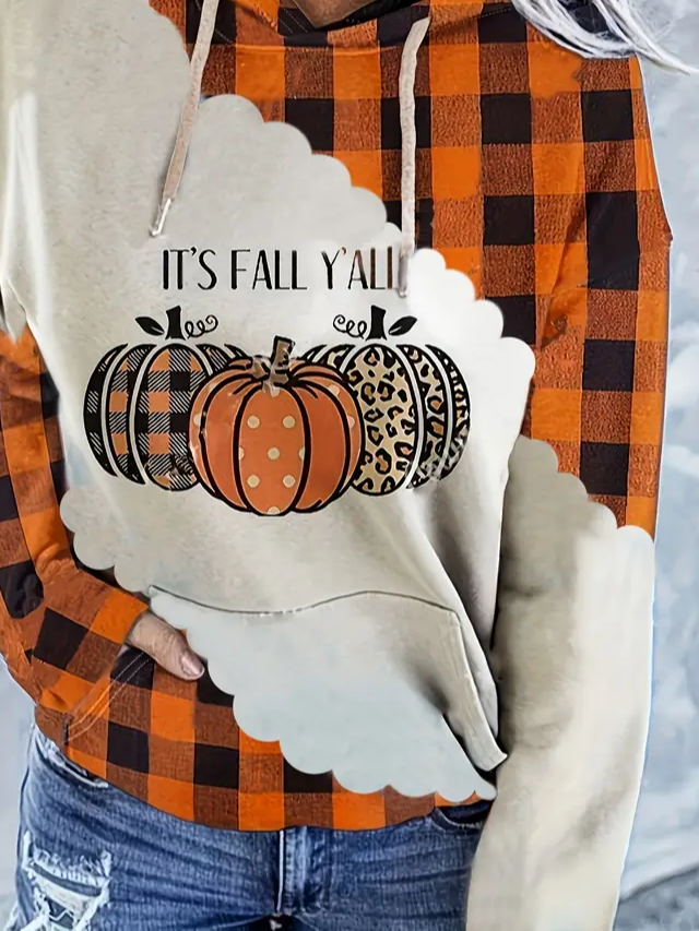 Casual Hoodie Plaid Pumpkin Printing Comfy Loose Hoodie 