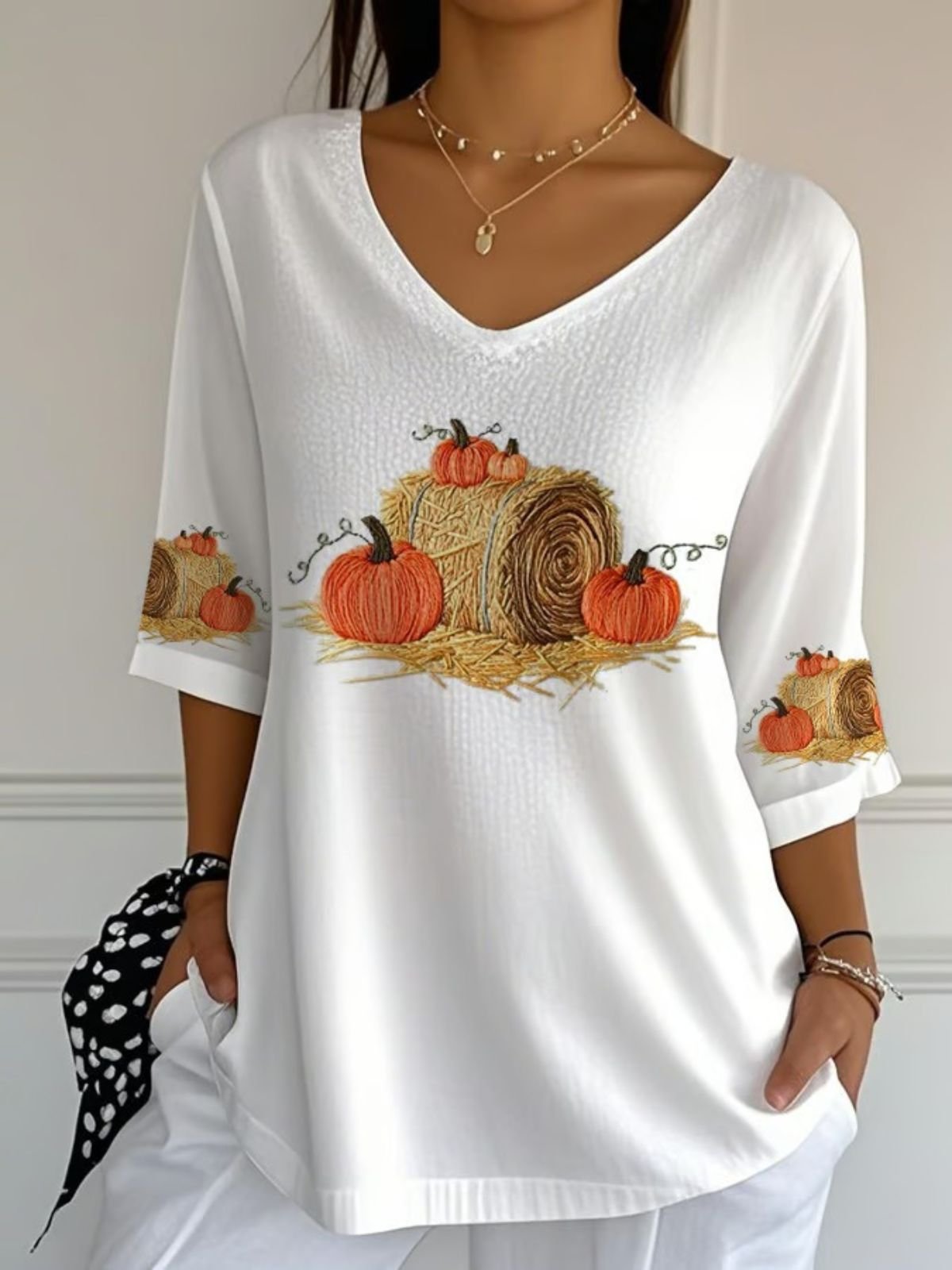 Vintage Halloween Pumpkin Print Crew Neck Three Quarter Sleeve T-shirt