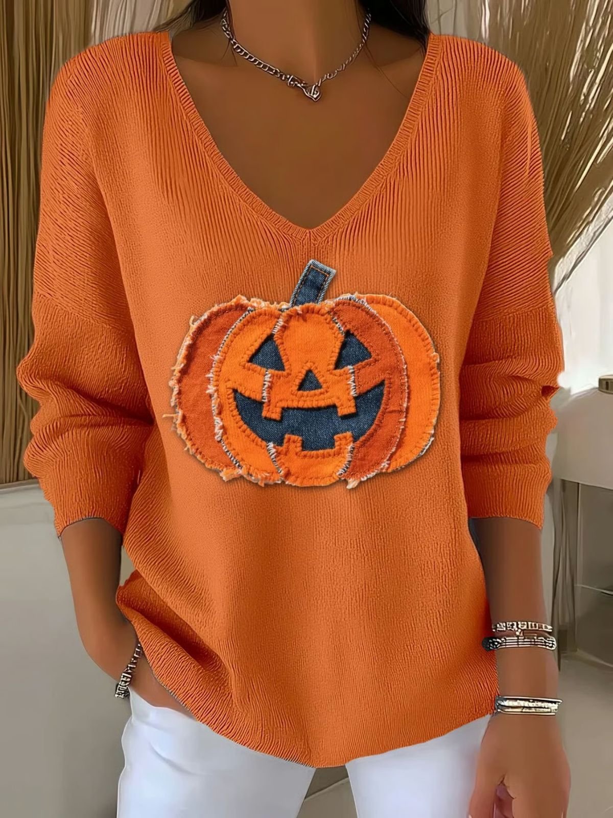 Women Cotton Halloween Pumpkin Print Long Sleeve Comfy Casual Sweater