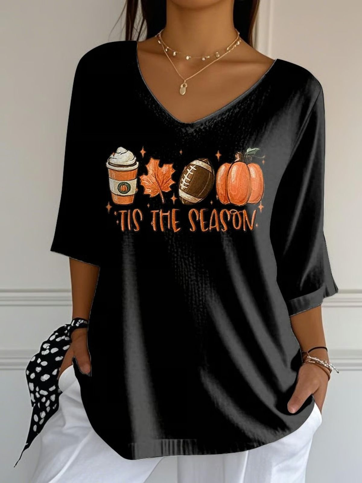 Vintage Pumpkin Pattern Crew Neck Three Quarter Sleeve T-shirt