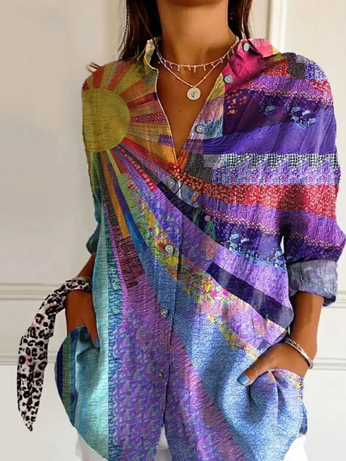 V Neck Long Sleeve Abstract Graphic Regular Micro-Elasticity Regular Fit Shirt For Women