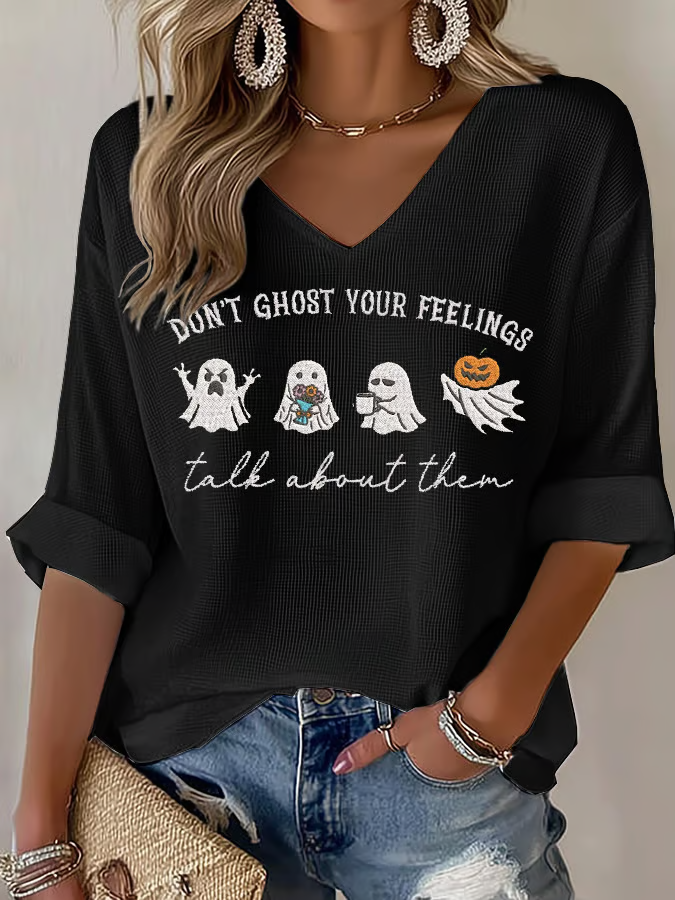 Casual Text Letters V Neck Three Quarter Sleeve T-shirt