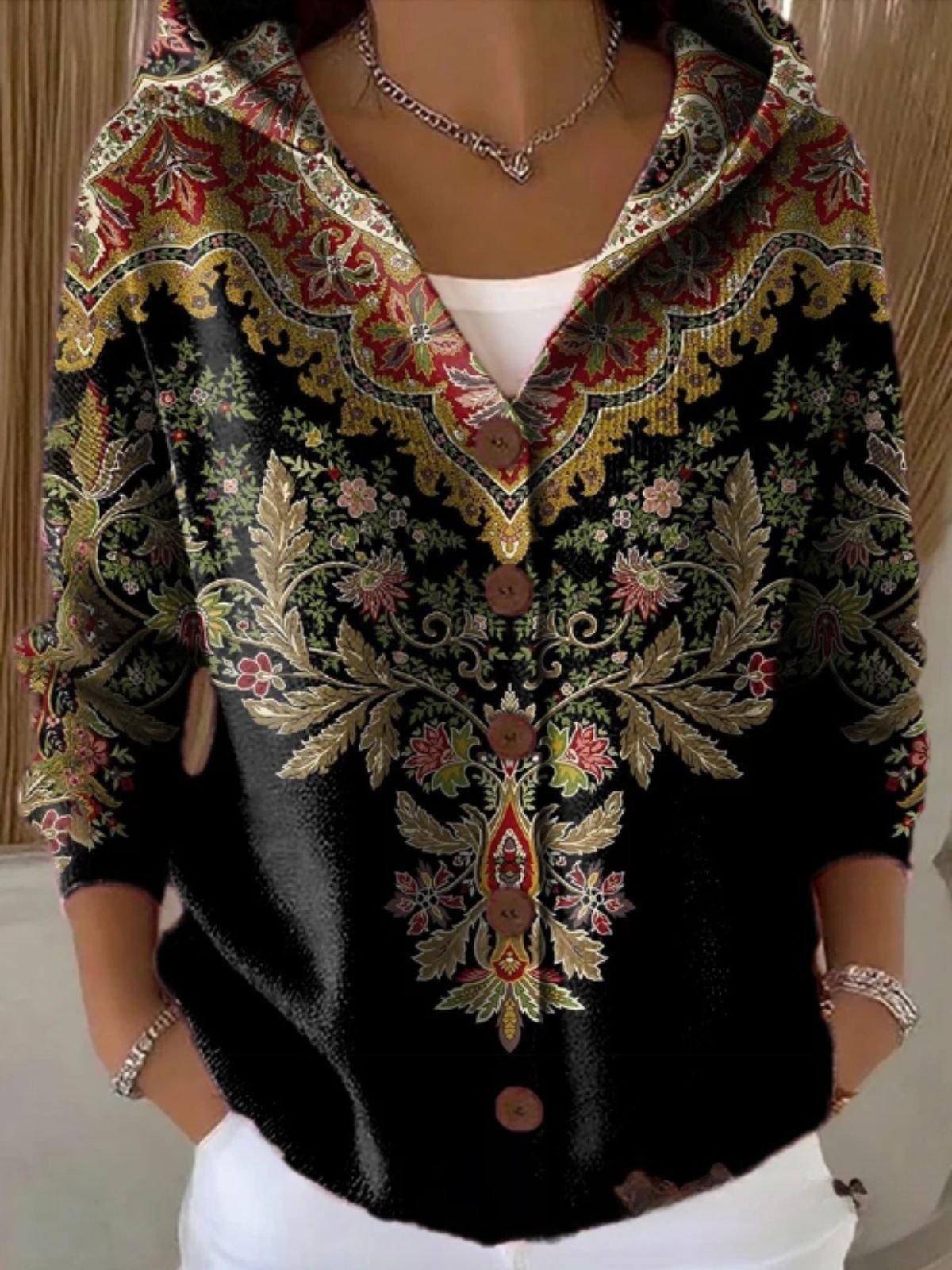 Women Cotton Floral Long Sleeve Comfy Vintage Cardigan