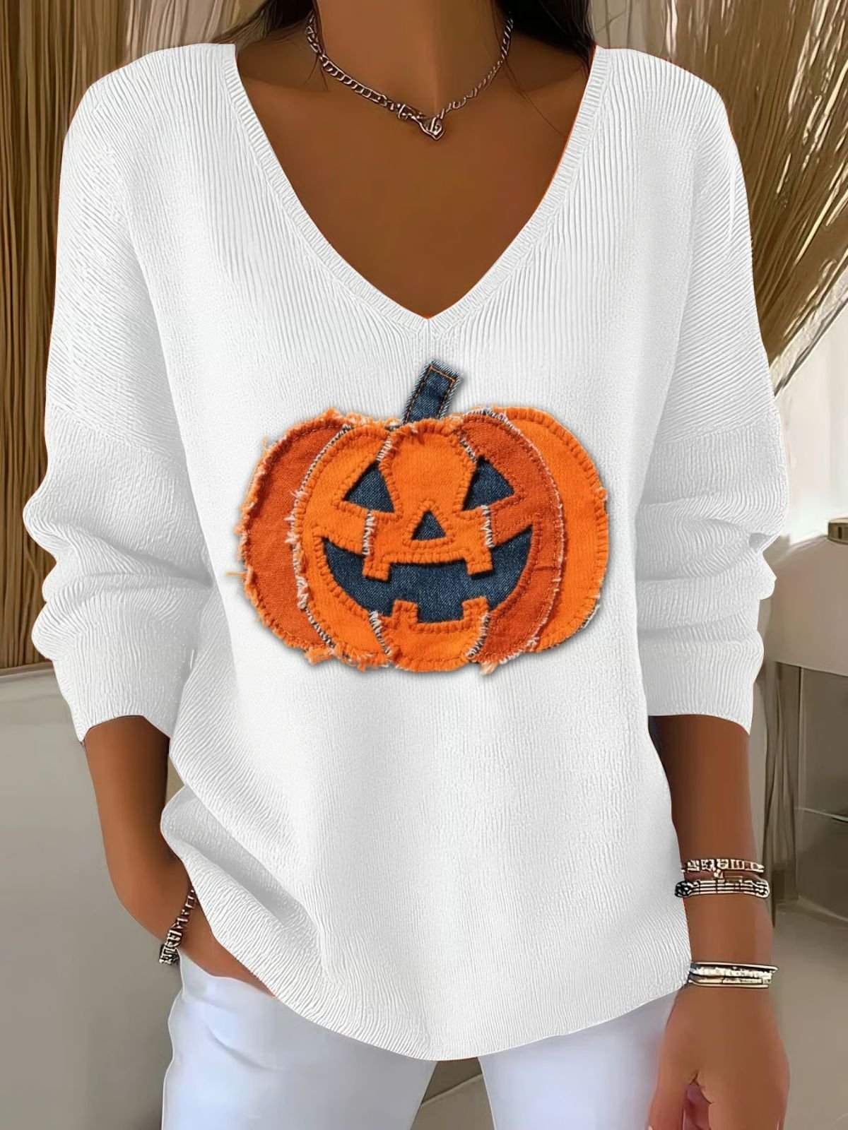 Women Cotton Halloween Pumpkin Print Long Sleeve Comfy Casual Sweater