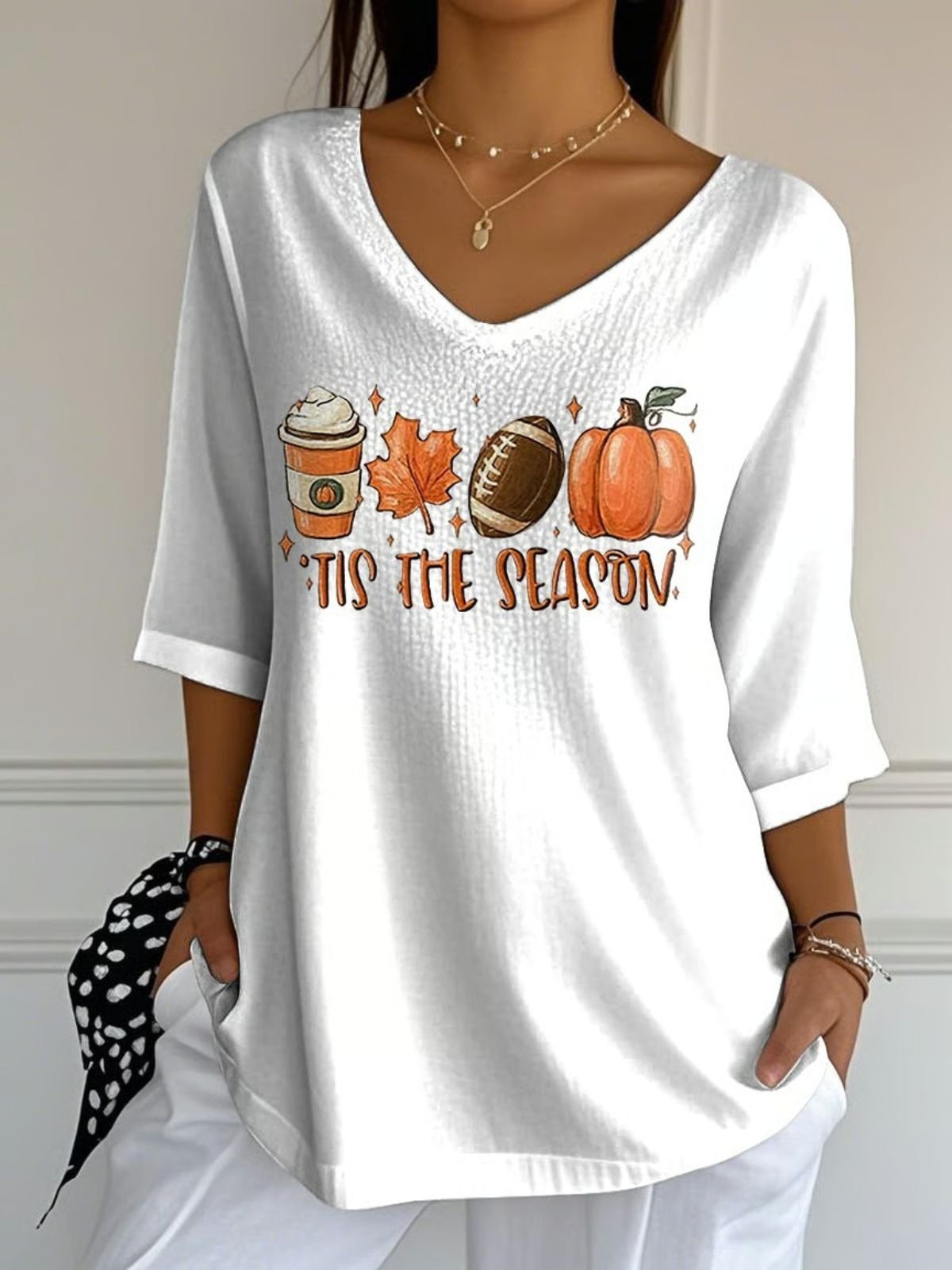 Vintage Pumpkin Pattern Crew Neck Three Quarter Sleeve T-shirt