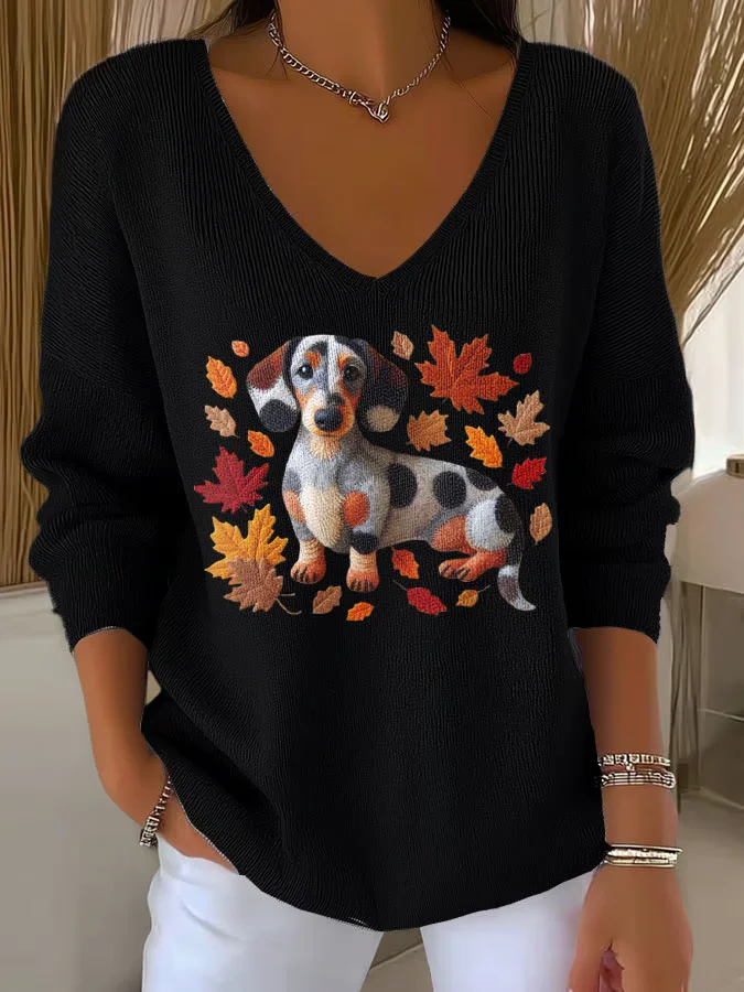 Casual Dog V Neck Long Sleeve T-shirt
