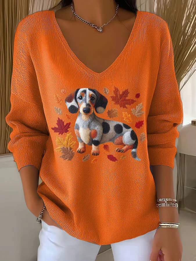 Casual Dog V Neck Long Sleeve T-shirt