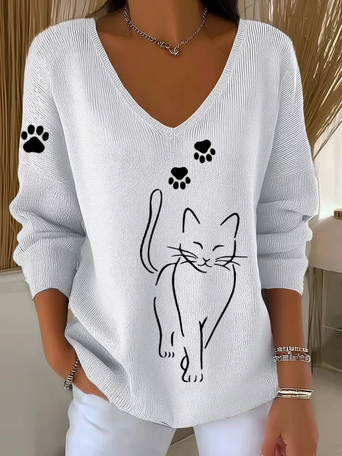 Casual Cute Cat Print V Neck Long Sleeve T-shirt