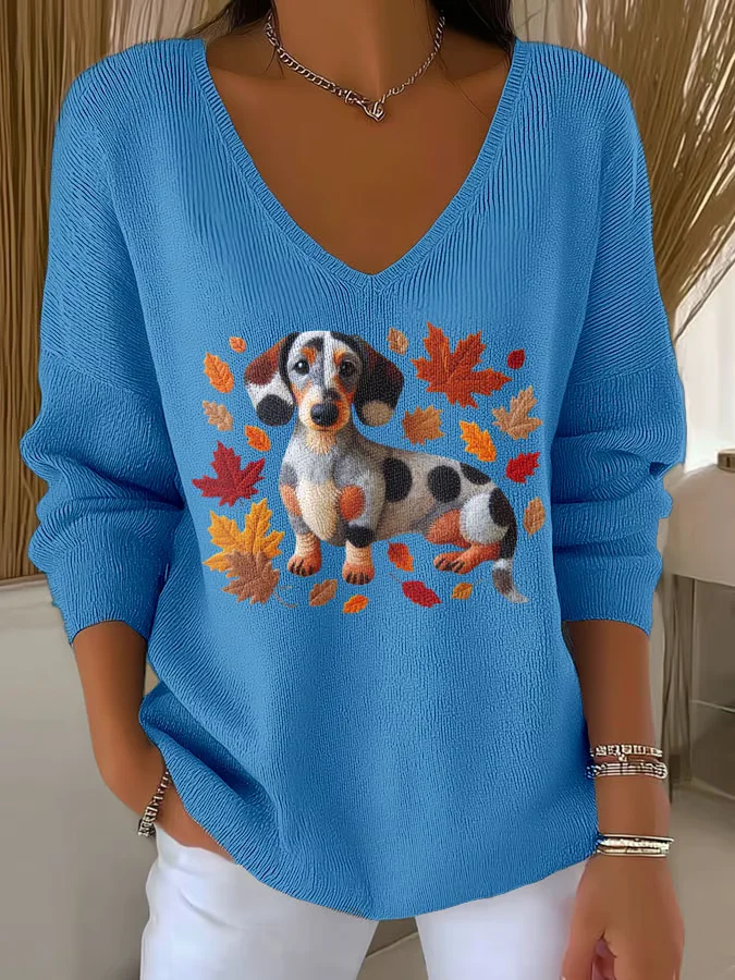 Casual Dog V Neck Long Sleeve T-shirt