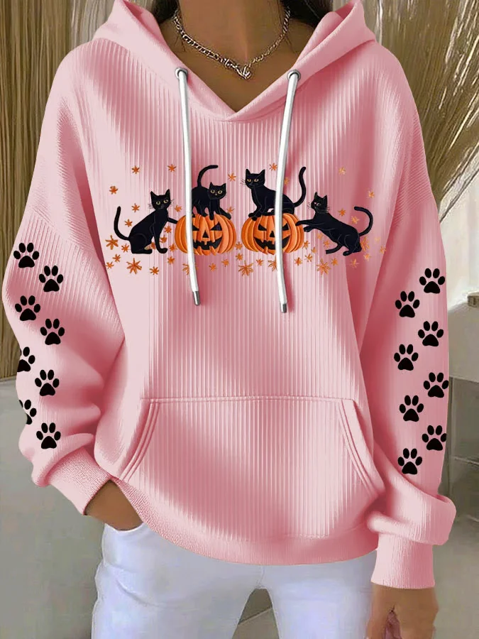 Casual Halloween Cat Pumpkin Art Print Hoodie Comfy Hoodie