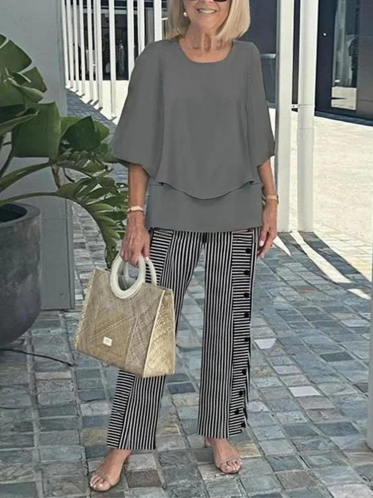 Women Striped Bell Sleeve Two-Piece Set Holiday Three Quarter Sleeve Vintage Spring/Fall Top With Pants Matching Set