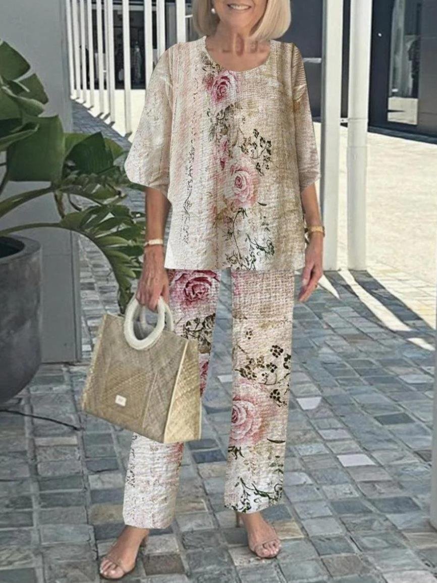 Women Striped Bell Sleeve Two-Piece Set Holiday Three Quarter Sleeve Vintage Spring/Fall Top With Pants Matching Set