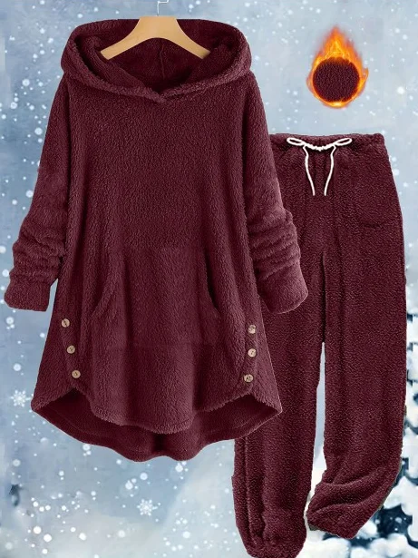 Women Plain Two-Piece Set Daily Long Sleeve Casual Winter Top With Pants Matching Set