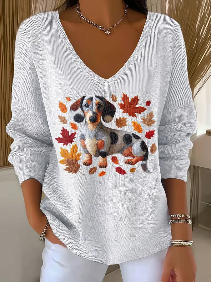 Casual Dog V Neck Long Sleeve T-shirt