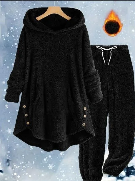 Women Plain Two-Piece Set Daily Long Sleeve Casual Winter Top With Pants Matching Set