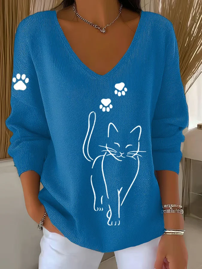 Casual Cute Cat Print V Neck Long Sleeve T-shirt