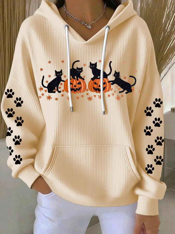 Casual Halloween Cat Pumpkin Art Print Hoodie Comfy Hoodie
