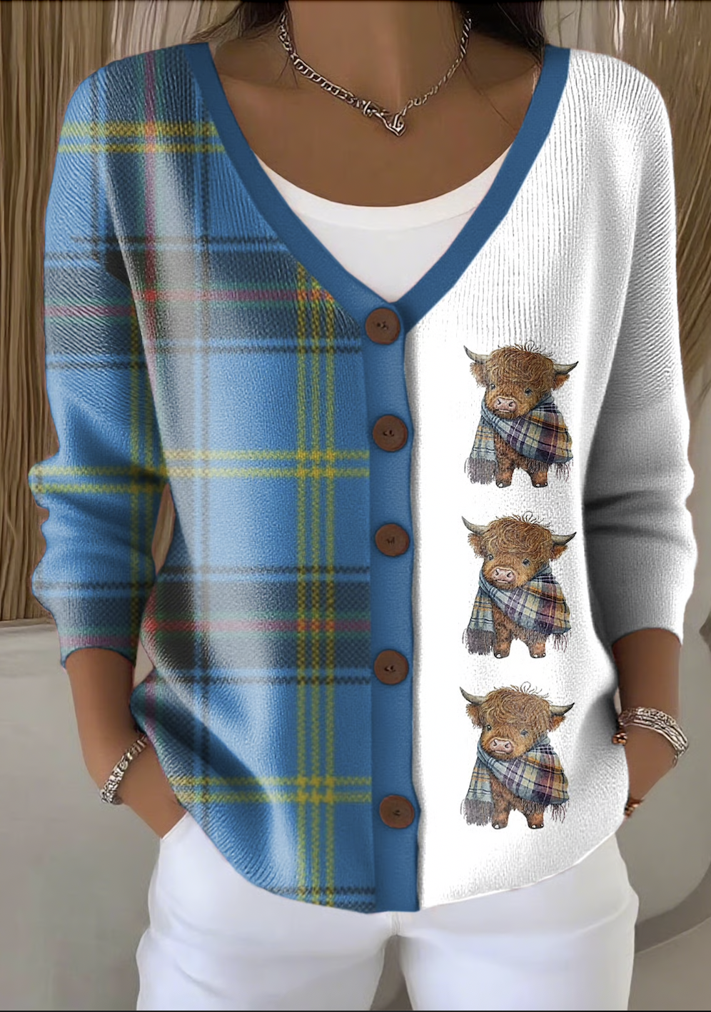 Women Cotton Geometric Long Sleeve Comfy Casual Cardigan