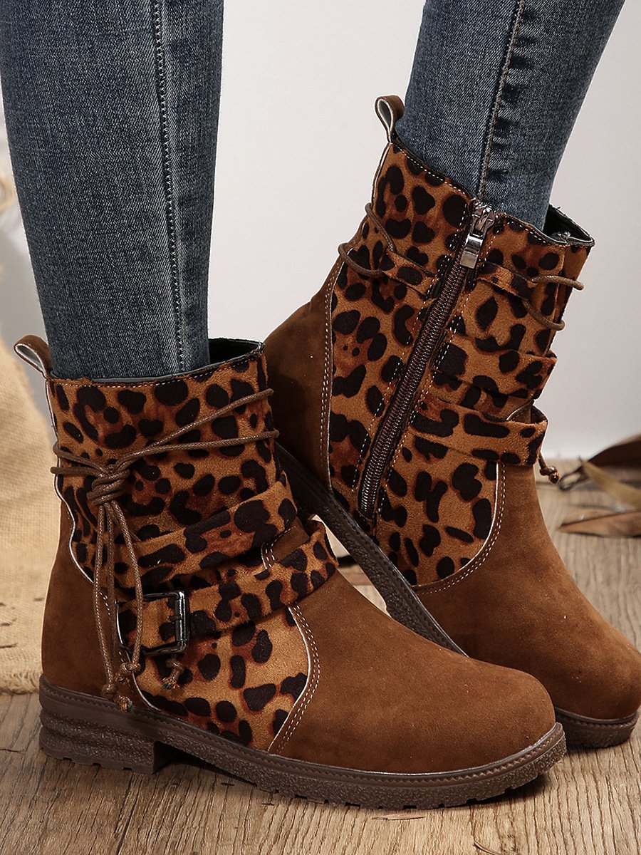 Vintage Color Block Zipper Low Heel Straight Boots