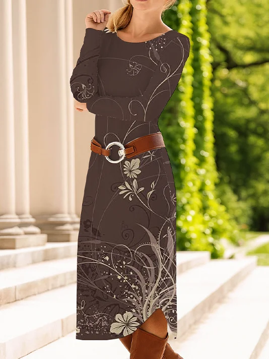 Women Floral Spring/Fall Dress Crew Neck Long Sleeve T-Shirt Dress A-Line Dress